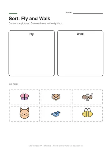 Printable worksheet with boxes for animals that fly and animals that walk and cut-out animal pictures to sort