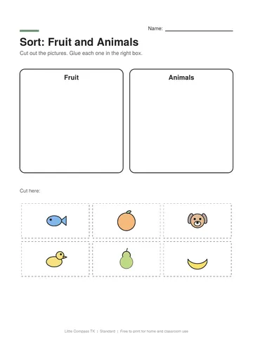 Printable worksheet with two boxes labeled Fruit and Animals and cut-out pictures to sort