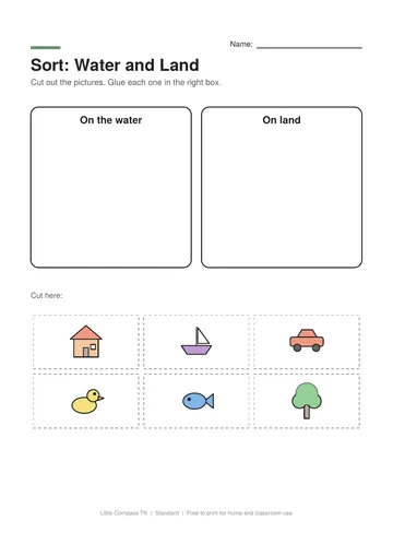 Printable worksheet with two boxes labeled On the water and On land and cut-out pictures to sort