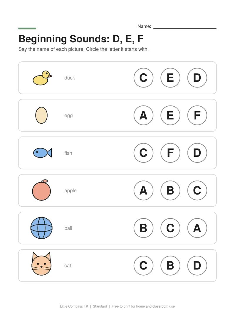 Printable worksheet with pictures of duck, egg, fish, apple next to letters to circle