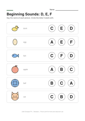 Printable worksheet with pictures of duck, egg, fish, apple next to letters to circle