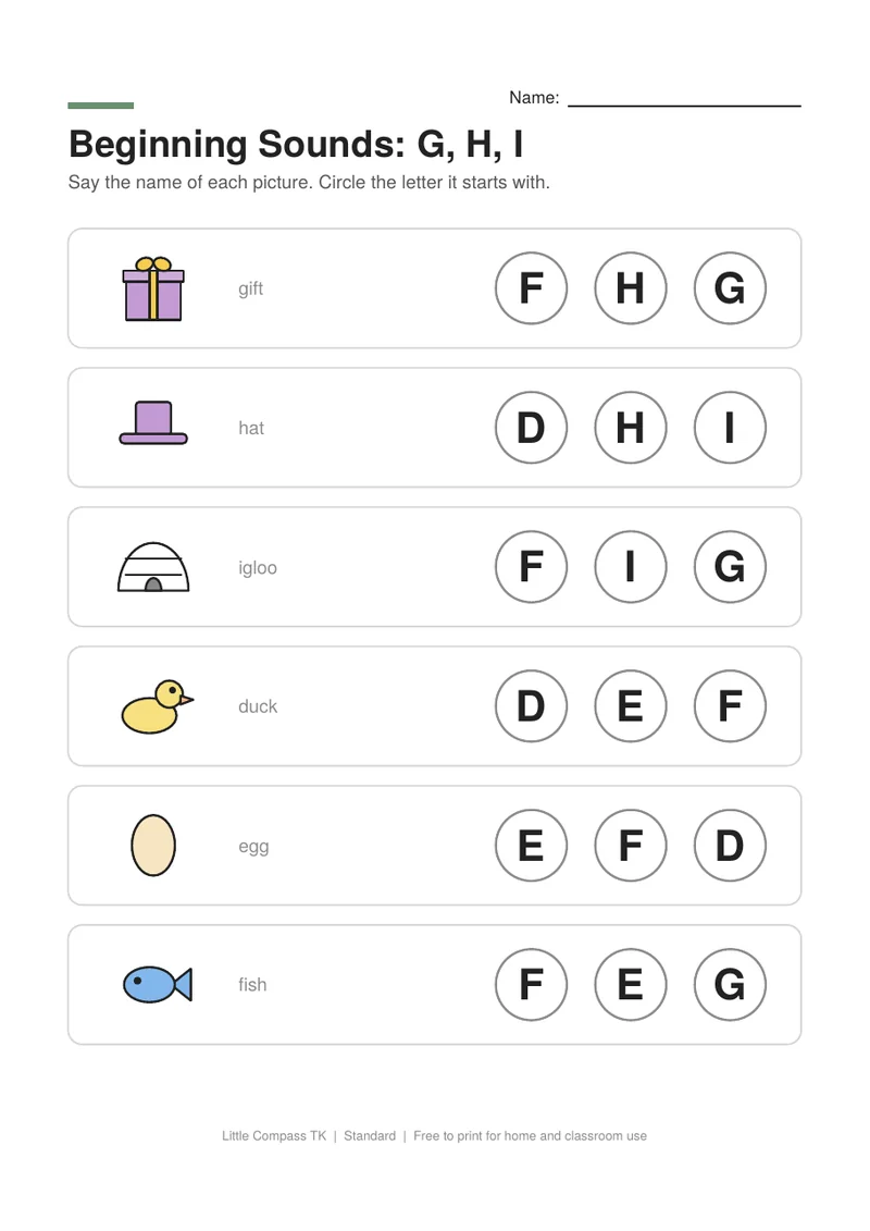 Printable worksheet with pictures of gift, hat, igloo, duck next to letters to circle
