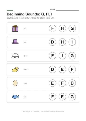 Printable worksheet with pictures of gift, hat, igloo, duck next to letters to circle