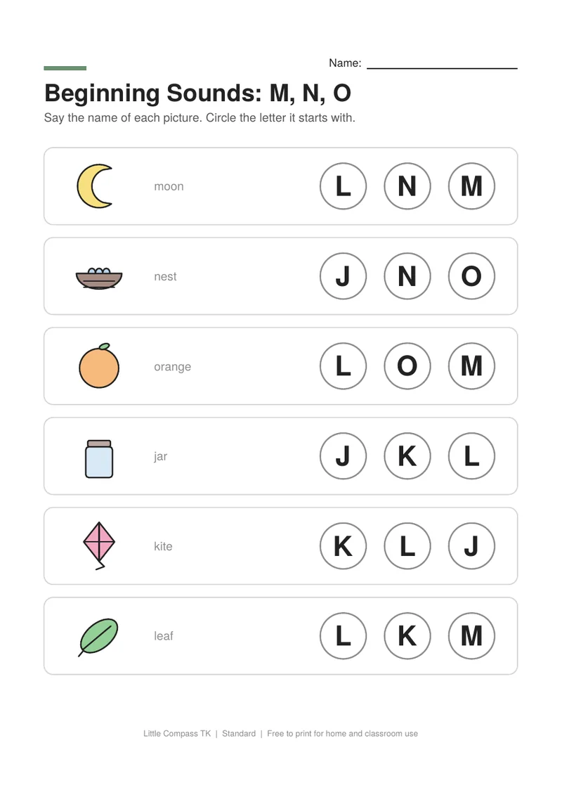 Printable worksheet with pictures of moon, nest, orange, jar next to letters to circle