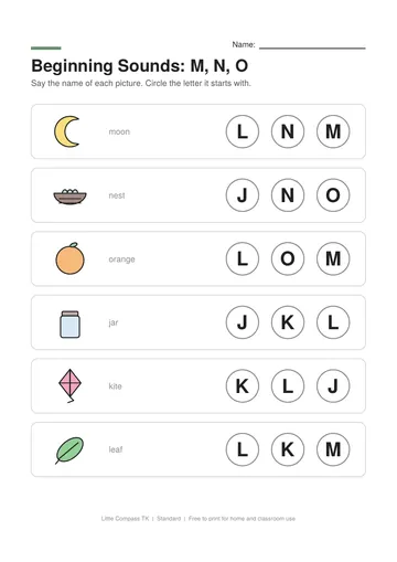 Printable worksheet with pictures of moon, nest, orange, jar next to letters to circle