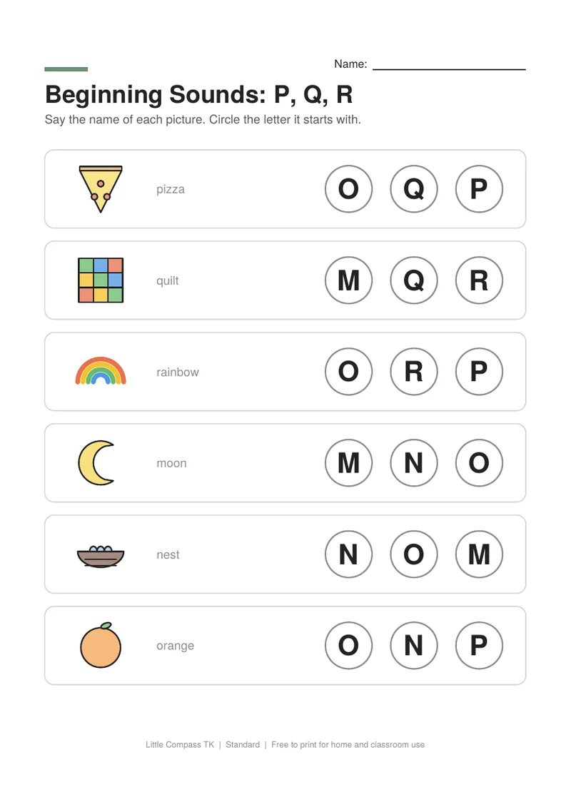 Printable worksheet with pictures of pizza, quilt, rainbow, moon next to letters to circle