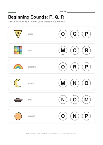 Printable worksheet with pictures of pizza, quilt, rainbow, moon next to letters to circle