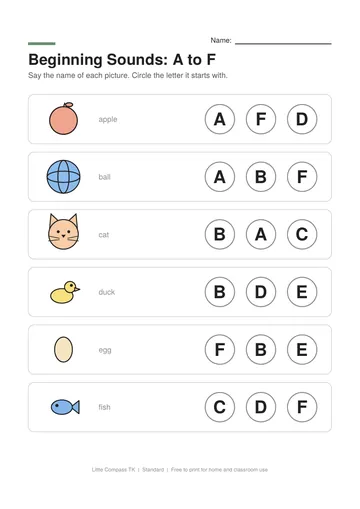 Printable worksheet with pictures of apple, ball, cat, duck next to letters to circle