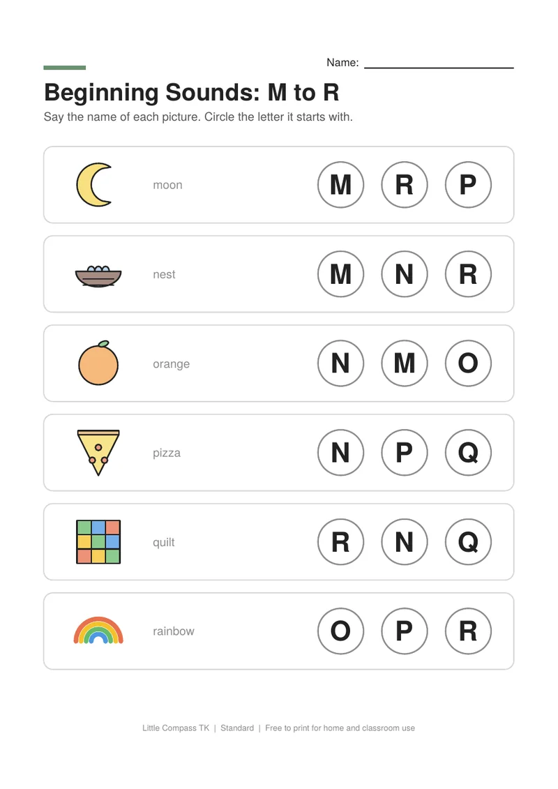 Printable worksheet with pictures of moon, nest, orange, pizza next to letters to circle