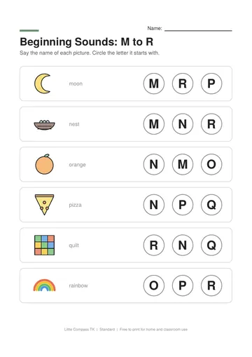 Printable worksheet with pictures of moon, nest, orange, pizza next to letters to circle