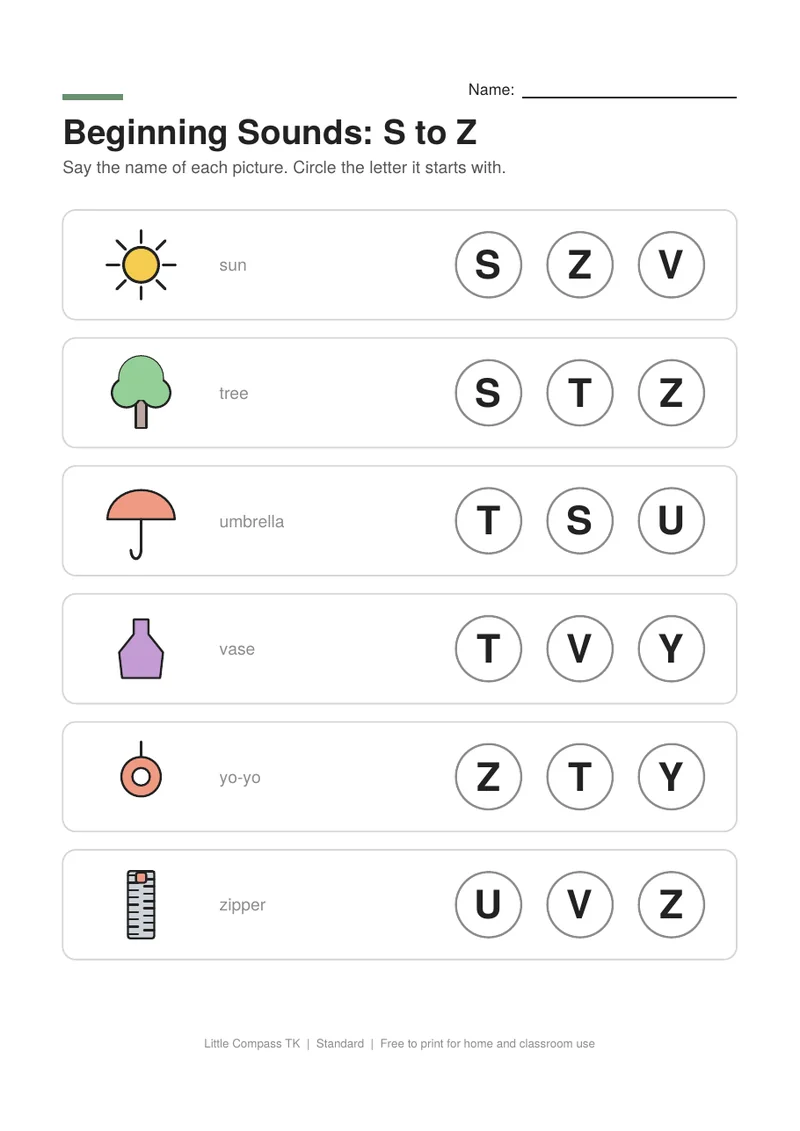 Printable worksheet with pictures of sun, tree, umbrella, vase next to letters to circle