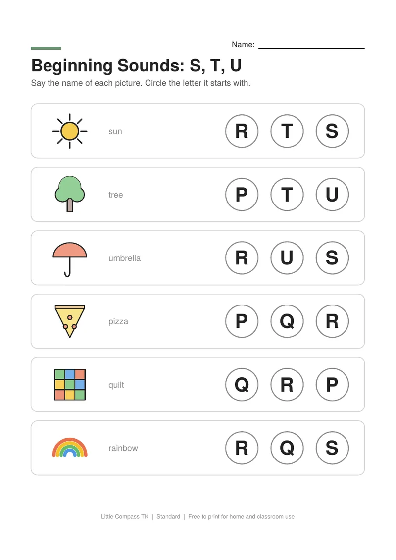 Printable worksheet with pictures of sun, tree, umbrella, pizza next to letters to circle