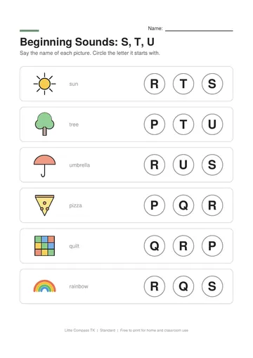 Printable worksheet with pictures of sun, tree, umbrella, pizza next to letters to circle