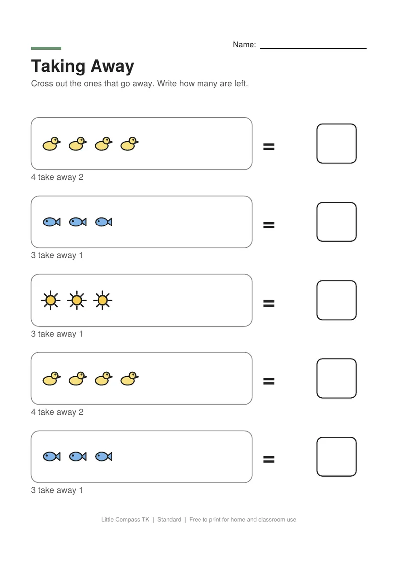 Printable worksheet with groups of pictures to cross out and a box for how many are left
