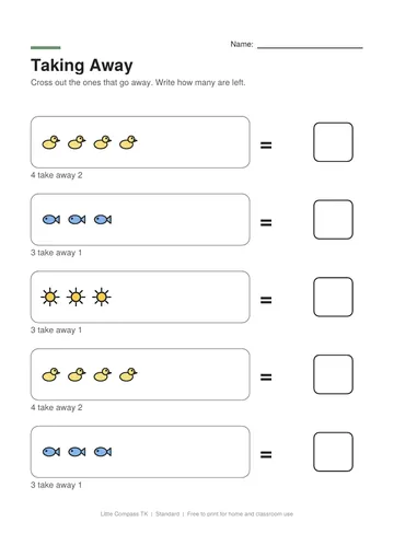 Printable worksheet with groups of pictures to cross out and a box for how many are left
