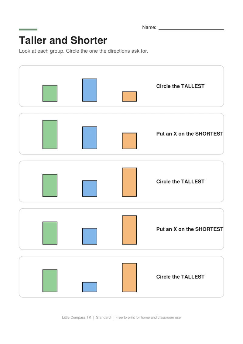 Printable worksheet with groups of towers of different heights for circling the tallest or shortest