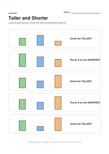Printable worksheet with groups of towers of different heights for circling the tallest or shortest