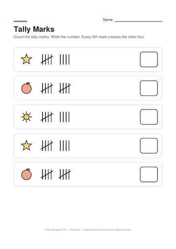 Printable worksheet with groups of tally marks and a box to write the number