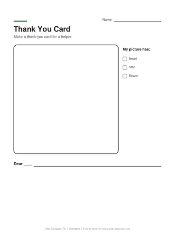 Printable worksheet with a drawing box and lines to write a thank-you message