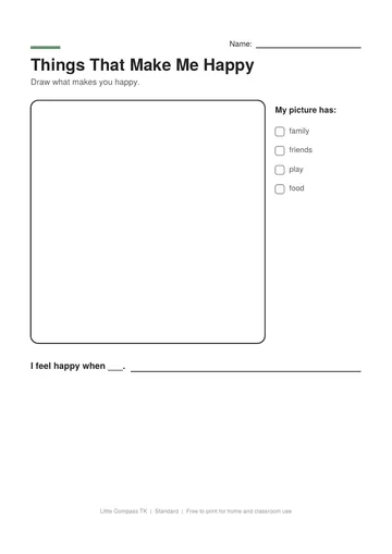 Printable worksheet with a drawing box for things that make a child happy and a sentence line