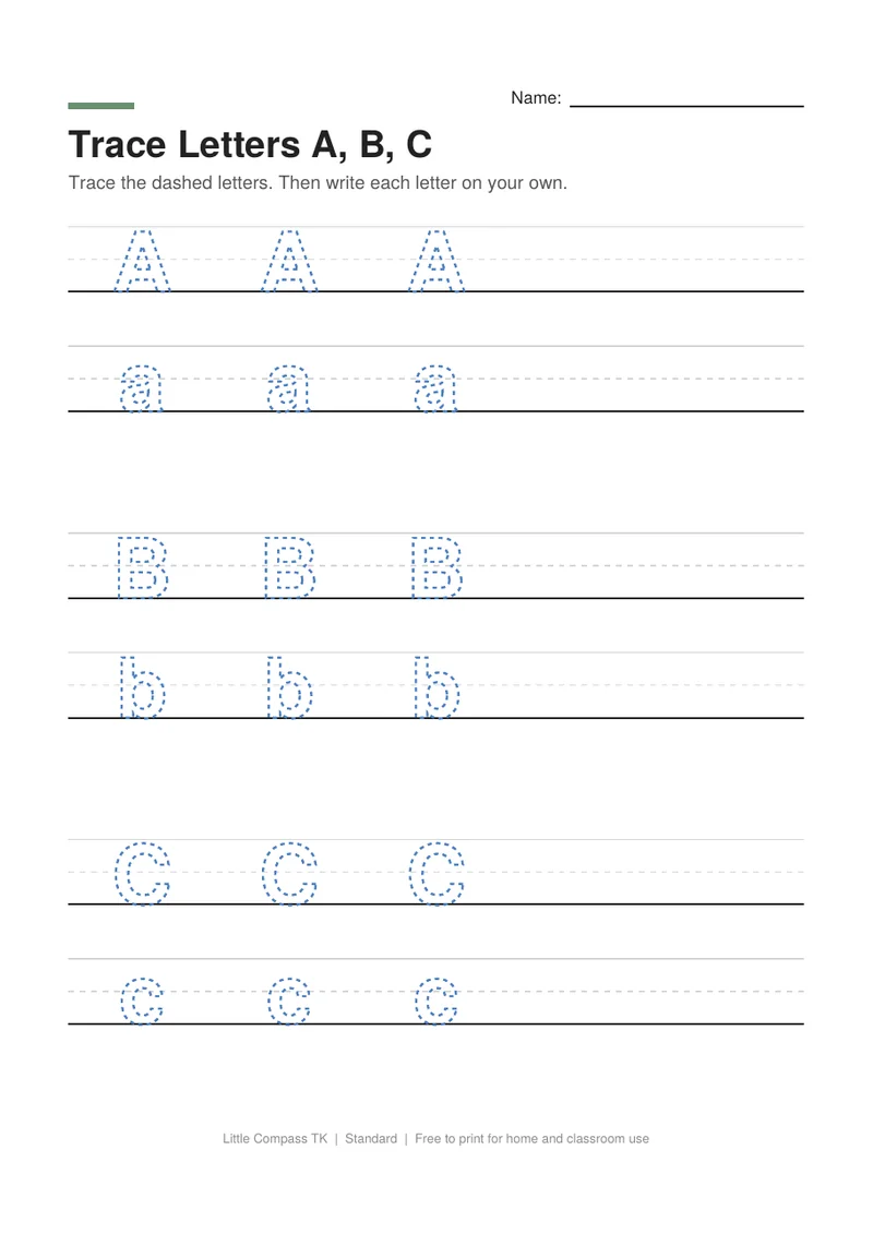 Printable worksheet with dashed uppercase and lowercase letters A, B, and C on handwriting guide lines