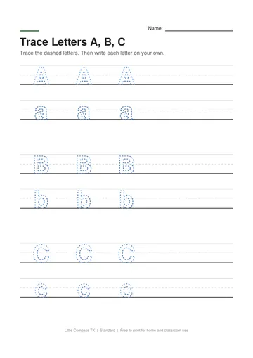 Printable worksheet with dashed uppercase and lowercase letters A, B, and C on handwriting guide lines