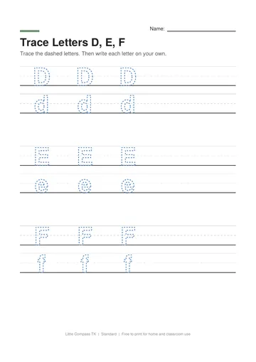 Printable worksheet with dashed uppercase and lowercase letters D, E and F on handwriting guide lines