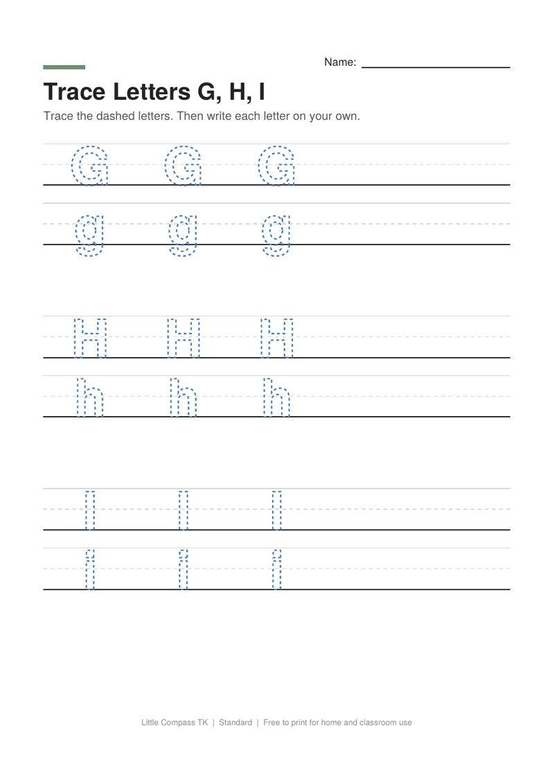 Printable worksheet with dashed uppercase and lowercase letters G, H and I on handwriting guide lines