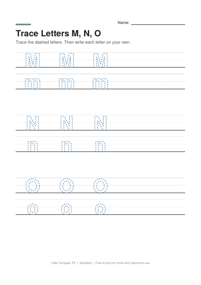 Printable worksheet with dashed uppercase and lowercase letters M, N and O on handwriting guide lines