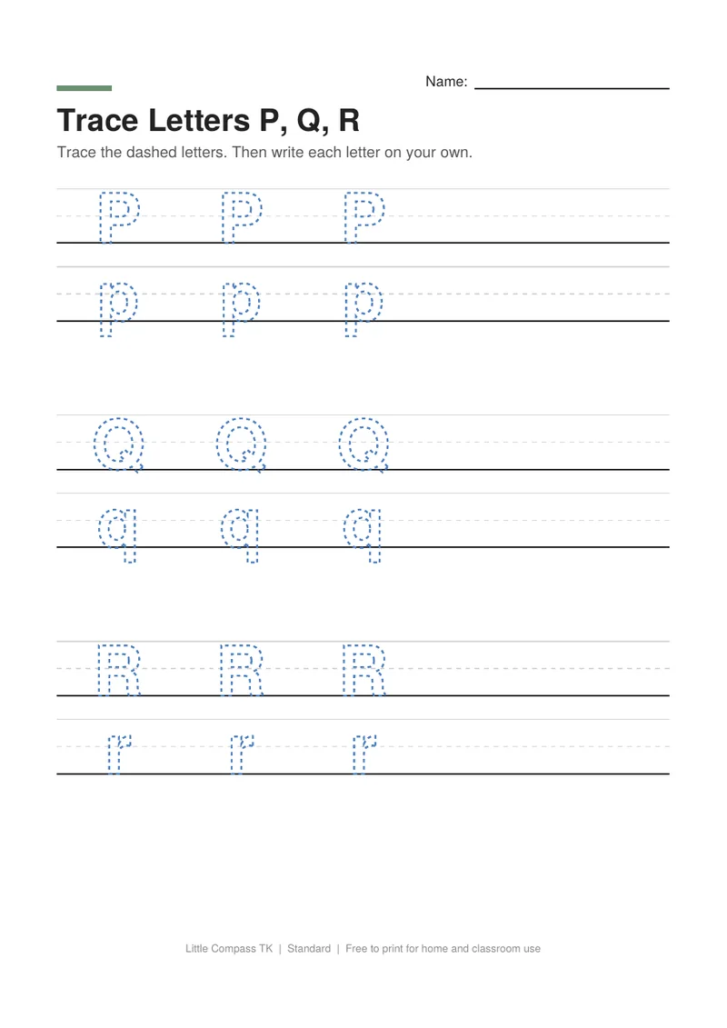 Printable worksheet with dashed uppercase and lowercase letters P, Q and R on handwriting guide lines