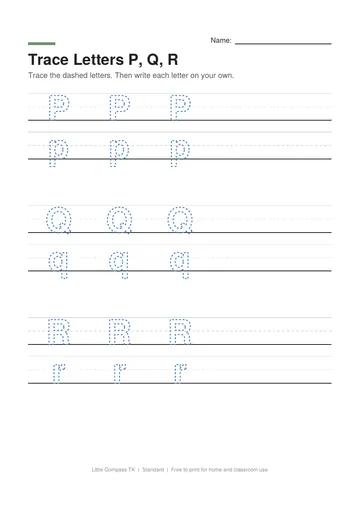 Printable worksheet with dashed uppercase and lowercase letters P, Q and R on handwriting guide lines
