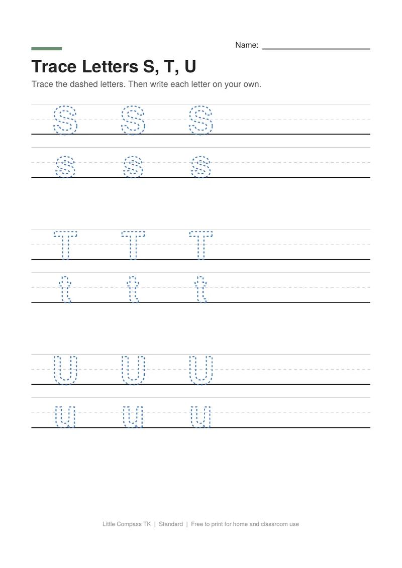 Printable worksheet with dashed uppercase and lowercase letters S, T and U on handwriting guide lines