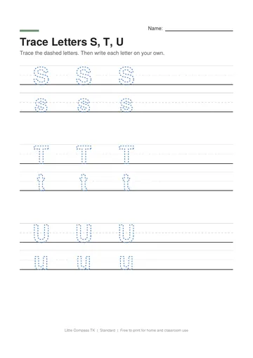 Printable worksheet with dashed uppercase and lowercase letters S, T and U on handwriting guide lines