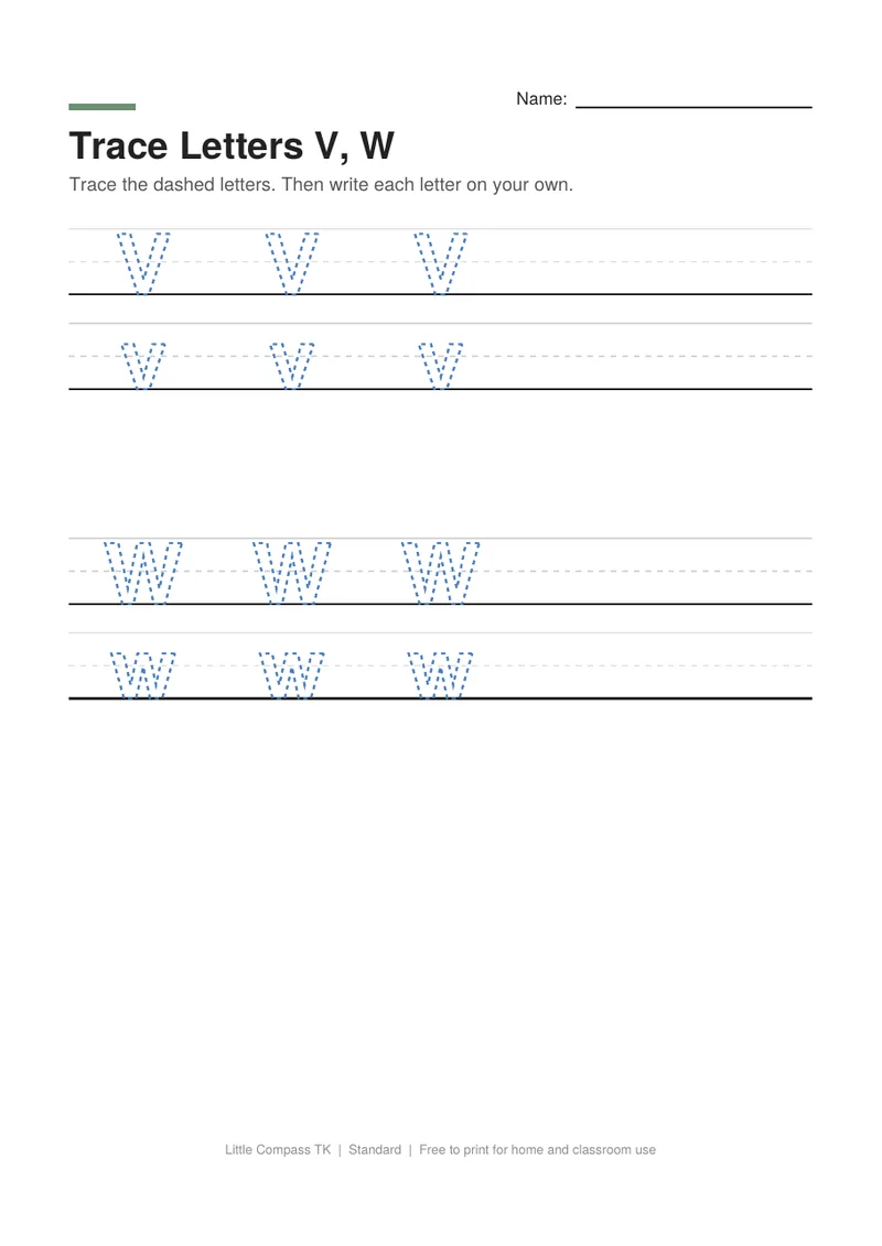 Printable worksheet with dashed uppercase and lowercase letters V and W on handwriting guide lines