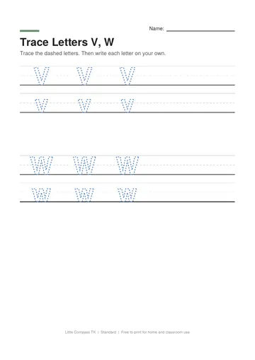 Printable worksheet with dashed uppercase and lowercase letters V and W on handwriting guide lines