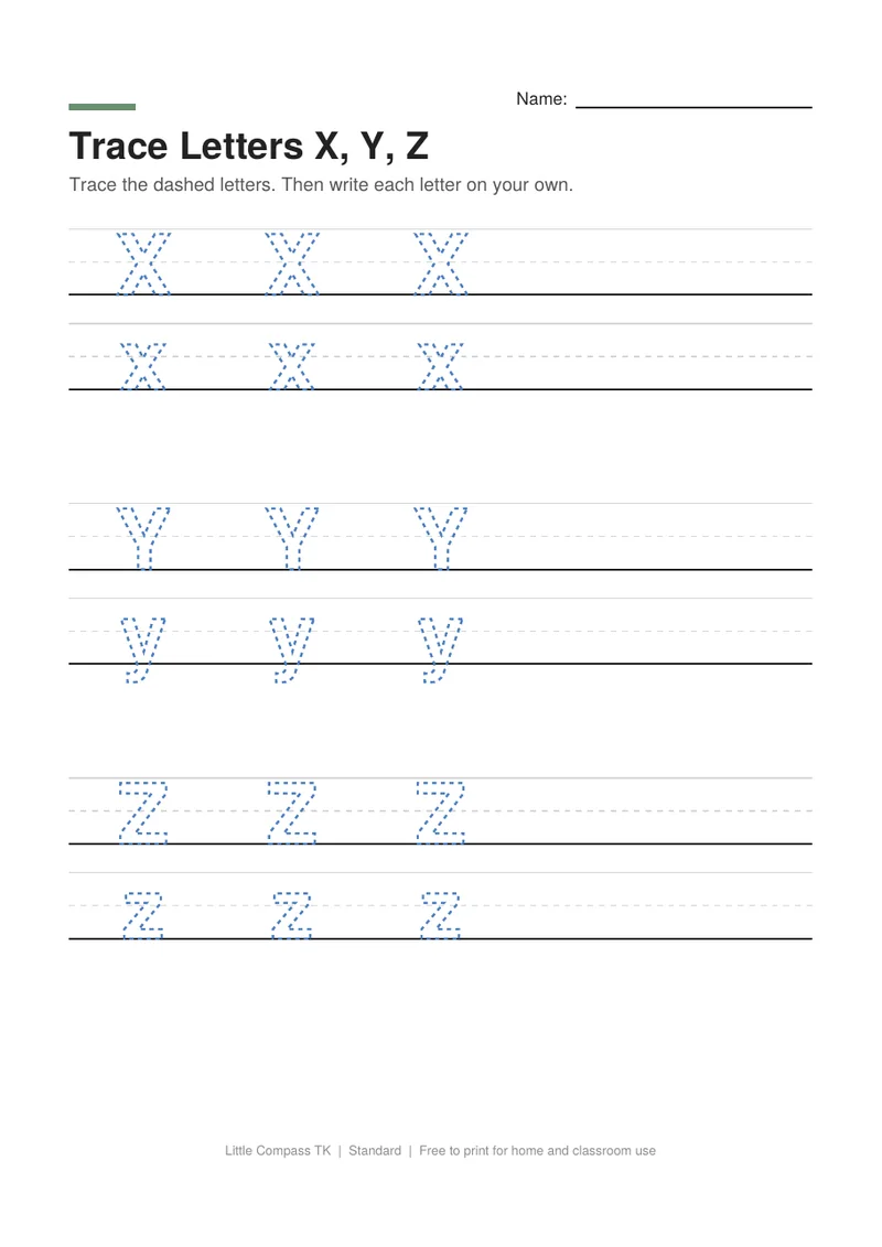 Printable worksheet with dashed uppercase and lowercase letters X, Y and Z on handwriting guide lines