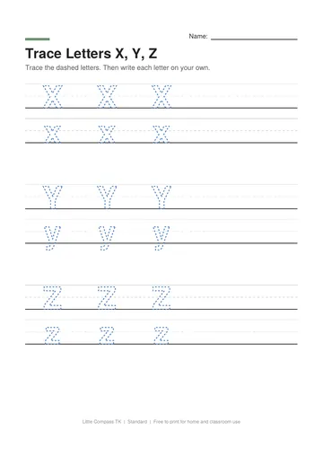Printable worksheet with dashed uppercase and lowercase letters X, Y and Z on handwriting guide lines