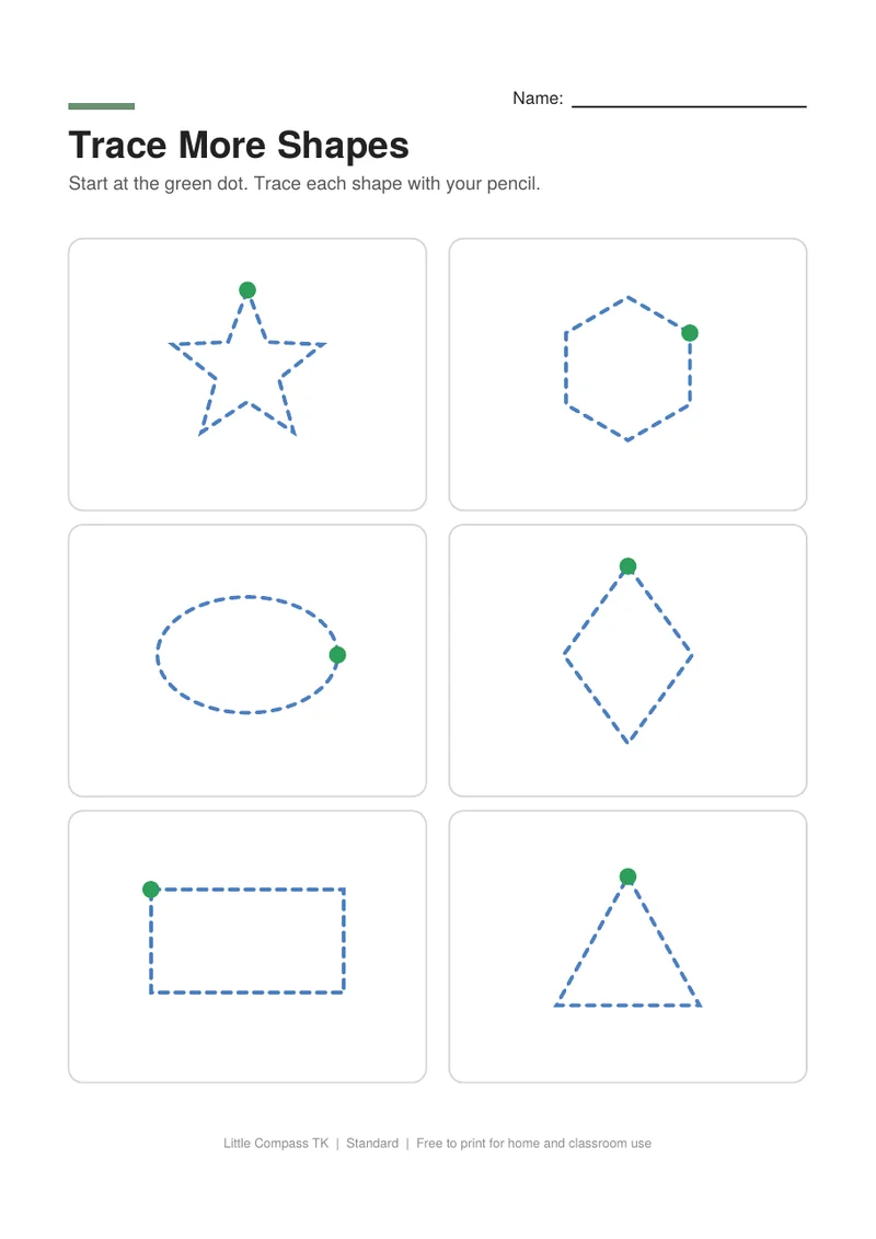 Printable worksheet with dashed outlines of a star, hexagon, oval, diamond, rectangle and triangle to trace