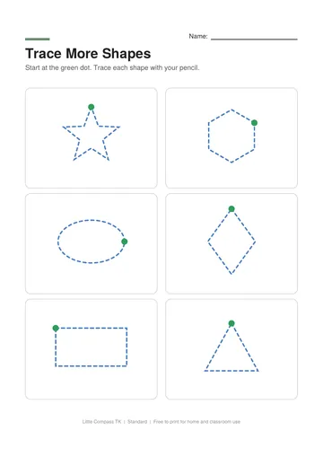 Printable worksheet with dashed outlines of a star, hexagon, oval, diamond, rectangle and triangle to trace
