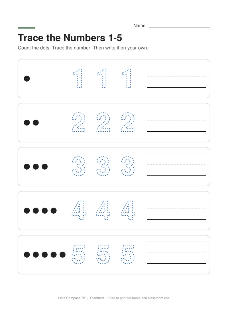 Printable worksheet for tracing the numbers one through five next to matching groups of dots
