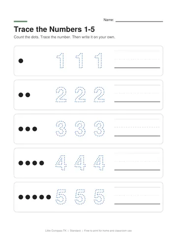Printable worksheet for tracing the numbers one through five next to matching groups of dots