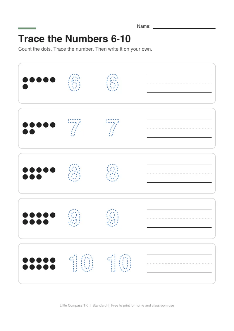 Printable worksheet for tracing the numbers six through ten next to groups of dots