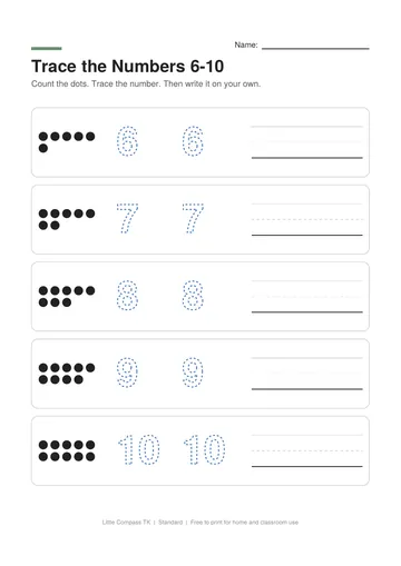 Printable worksheet for tracing the numbers six through ten next to groups of dots