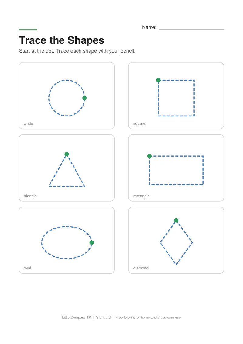 Printable worksheet with dashed circle, square, triangle and rectangle outlines for a child to trace