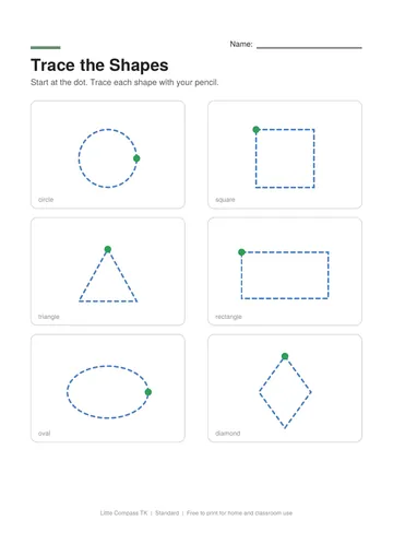 Printable worksheet with dashed circle, square, triangle and rectangle outlines for a child to trace