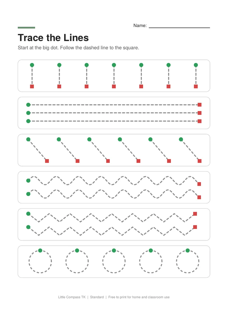 Printable TK worksheet with dashed straight, diagonal, wavy, zigzag, and circle lines to trace