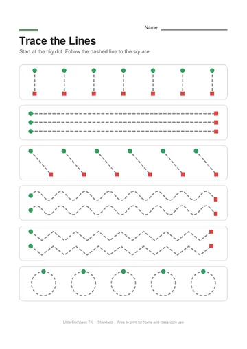 Printable TK worksheet with dashed straight, diagonal, wavy, zigzag, and circle lines to trace