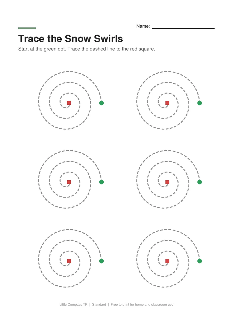 Printable worksheet with dashed spirals to trace from a green dot to a red square