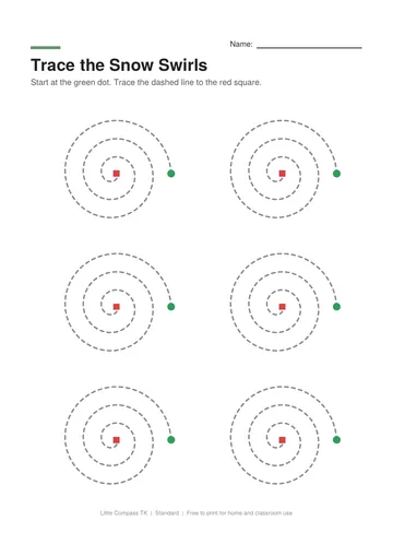 Printable worksheet with dashed spirals to trace from a green dot to a red square