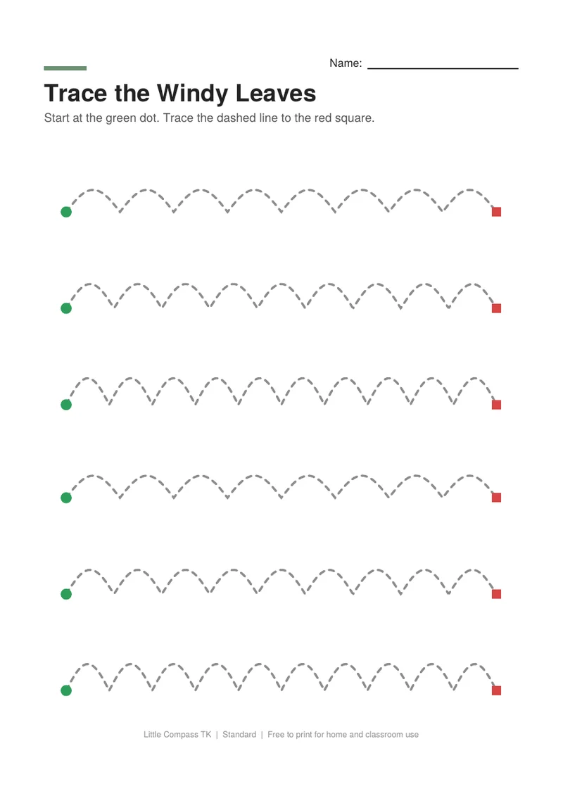 Printable worksheet with dashed scalloped lines to trace from a green dot to a red square